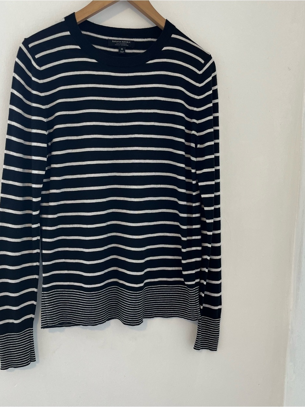 Banana Republic Silk/Cashmere Blend Navy and White Striped Crewneck Sweater